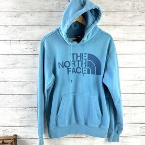 North Face Mens‎ Medium Blue Hoodie Sweatshirt Pullover black logo